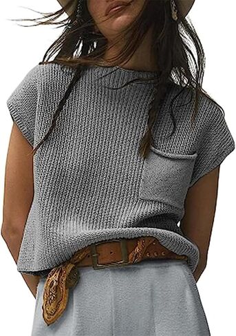 SKIKYAN Women Cap Sleeve Knit Sweater Vest Crop Tops Casual Loose Ribbed Pullover Shirts (Gray,M) in Saudi Arabia