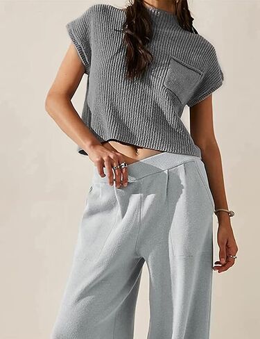 SKIKYAN Women Cap Sleeve Knit Sweater Vest Crop Tops Casual Loose Ribbed Pullover Shirts (Gray,M) in Saudi Arabia