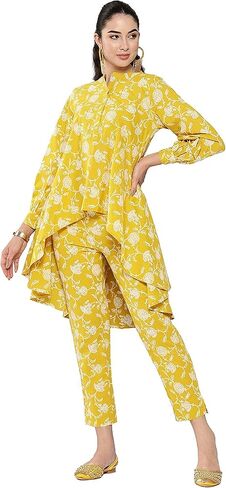 Janasya Women's Day Mustard Cotton Floral Printed Co-ords Set in Saudi Arabia