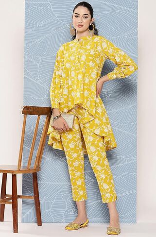 Janasya Women's Day Mustard Cotton Floral Printed Co-ords Set in Saudi Arabia