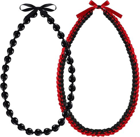 Jexine Kukui Nut Lei Necklace and Ribbon Lei Braided Necklace with Ribbon Bow Closure Chunky Black Hawaiian Necklace Graduation Gift in Kuwait