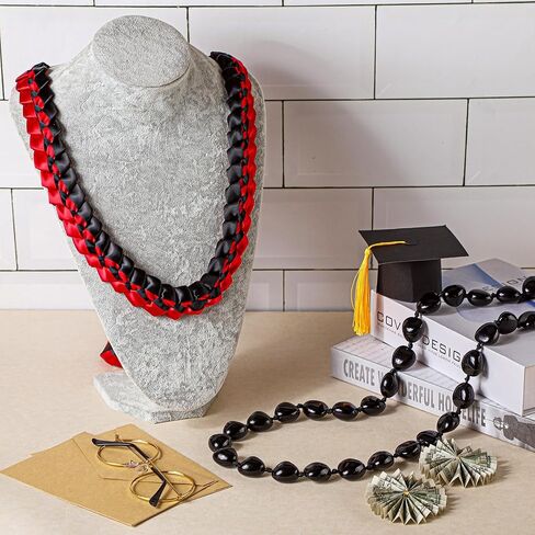 Jexine Kukui Nut Lei Necklace and Ribbon Lei Braided Necklace with Ribbon Bow Closure Chunky Black Hawaiian Necklace Graduation Gift in Kuwait