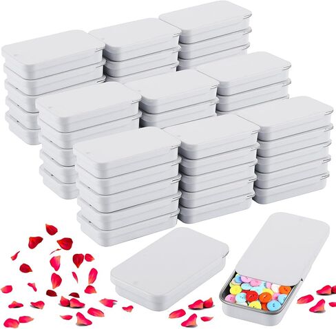 100 Pack Mini Metal Slide Top Tin Containers, Small Metal Tin Containers with Lids 2.36 X 1.3 X 0.4 Rectangular Empty Tin Storage Box for Jewelry, Cosmetic, Crafts, Pills(White) in Kuwait