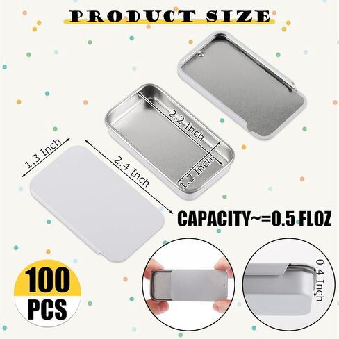 100 Pack Mini Metal Slide Top Tin Containers, Small Metal Tin Containers with Lids 2.36 X 1.3 X 0.4 Rectangular Empty Tin Storage Box for Jewelry, Cosmetic, Crafts, Pills(White) in Kuwait