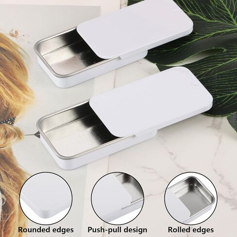 100 Pack Mini Metal Slide Top Tin Containers, Small Metal Tin Containers with Lids 2.36 X 1.3 X 0.4 Rectangular Empty Tin Storage Box for Jewelry, Cosmetic, Crafts, Pills(White) in Kuwait