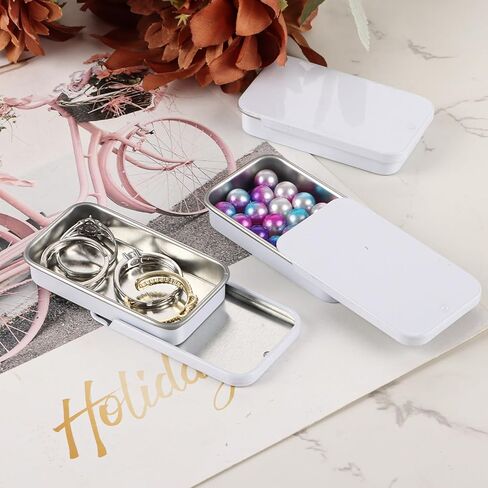 100 Pack Mini Metal Slide Top Tin Containers, Small Metal Tin Containers with Lids 2.36 X 1.3 X 0.4 Rectangular Empty Tin Storage Box for Jewelry, Cosmetic, Crafts, Pills(White) in Kuwait
