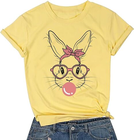 Bunny with Leopard Glasses T-Shirt for Women Cute Easter Bunny Graphic Tees Casual Short Sleeve Shirts Tops in Kuwait