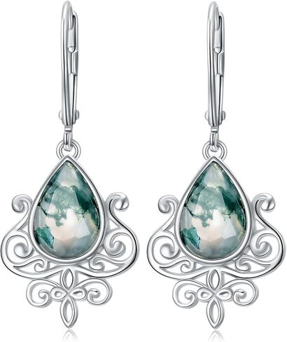 Filigree Earrings Sterling Silver Teardrop Moonstone Moss Agate Lapis Lazuli Larimar Emerald Peridot Opal Dangle Dangly Drop Leverback Earrings Boho Jewelry Gifts for Women in Saudi Arabia