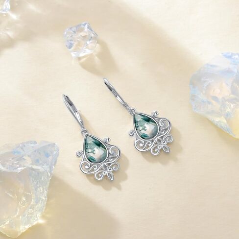Filigree Earrings Sterling Silver Teardrop Moonstone Moss Agate Lapis Lazuli Larimar Emerald Peridot Opal Dangle Dangly Drop Leverback Earrings Boho Jewelry Gifts for Women in Saudi Arabia