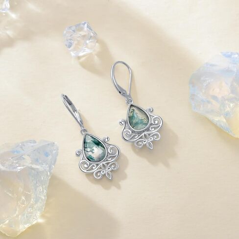 Filigree Earrings Sterling Silver Teardrop Moonstone Moss Agate Lapis Lazuli Larimar Emerald Peridot Opal Dangle Dangly Drop Leverback Earrings Boho Jewelry Gifts for Women in Saudi Arabia