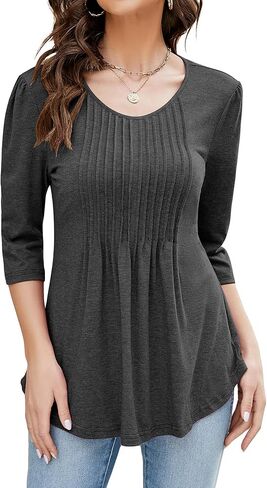 LIOFOER Women's Slim 3/4 Sleeve Shirts Round Neck Pleated Blouse Waist-Shaping Solid Tunic Tops Casual T-Shirts S-XXL in Kuwait