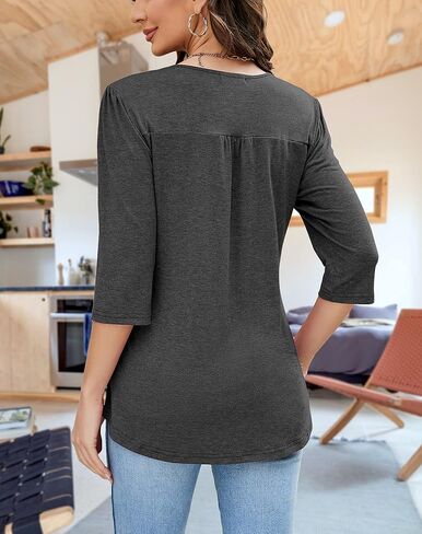LIOFOER Women's Slim 3/4 Sleeve Shirts Round Neck Pleated Blouse Waist-Shaping Solid Tunic Tops Casual T-Shirts S-XXL in Kuwait