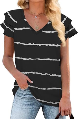 تي شيرت نسائي كاجوال من DB MOON صيفي مكشكش بأكمام قصيرة ورقبة على شكل حرف V وفضفاض مناسب in Kuwait