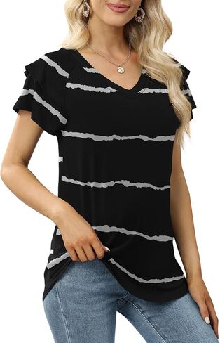 تي شيرت نسائي كاجوال من DB MOON صيفي مكشكش بأكمام قصيرة ورقبة على شكل حرف V وفضفاض مناسب in Kuwait