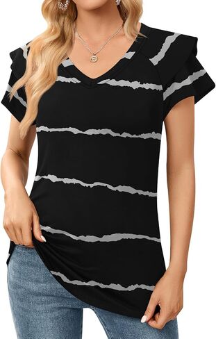 تي شيرت نسائي كاجوال من DB MOON صيفي مكشكش بأكمام قصيرة ورقبة على شكل حرف V وفضفاض مناسب in Kuwait