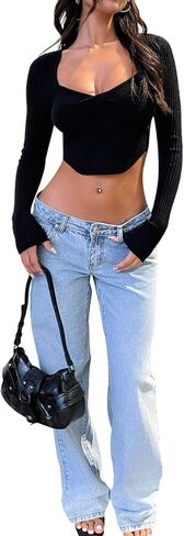 Women Long Sleeve Twist Sweetheart Knit Crop Top Asymmetrical Hem Slim Fit Pullover Sweater Top in Kuwait