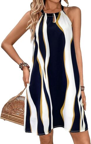 COZYEASE Women's Graphic Print Summer Dresses Tie Back Cami Dress Color Block Halter Dress in Saudi Arabia