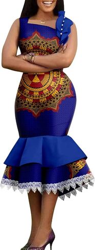 African Women's Dresses Sleeveless High Waist Elegant Lace Bodycon Midi Dress Ankara Print in Saudi Arabia