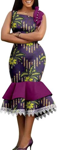 African Women's Dresses Sleeveless High Waist Elegant Lace Bodycon Midi Dress Ankara Print in Saudi Arabia