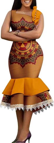 African Women's Dresses Sleeveless High Waist Elegant Lace Bodycon Midi Dress Ankara Print in Saudi Arabia