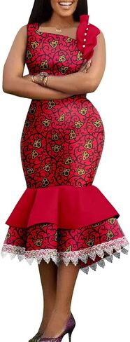 African Women's Dresses Sleeveless High Waist Elegant Lace Bodycon Midi Dress Ankara Print in Saudi Arabia