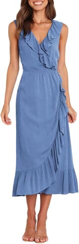 Acelitt Women's 2023 Summer Wrap Maxi Dress Casual V Neck Sleeveless Ruffle Hem Split Beach Long Dresses in Saudi Arabia
