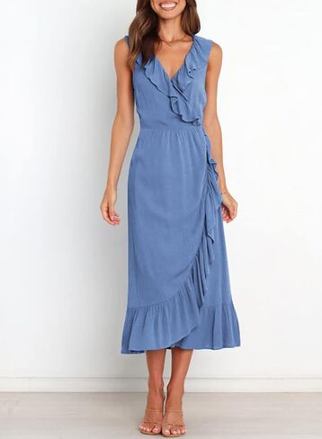 Acelitt Women's 2023 Summer Wrap Maxi Dress Casual V Neck Sleeveless Ruffle Hem Split Beach Long Dresses in Saudi Arabia
