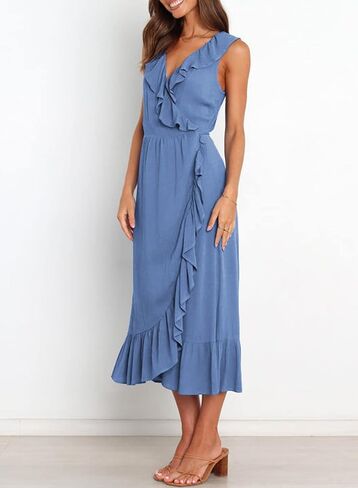 Acelitt Women's 2023 Summer Wrap Maxi Dress Casual V Neck Sleeveless Ruffle Hem Split Beach Long Dresses in Saudi Arabia