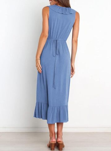 Acelitt Women's 2023 Summer Wrap Maxi Dress Casual V Neck Sleeveless Ruffle Hem Split Beach Long Dresses in Saudi Arabia