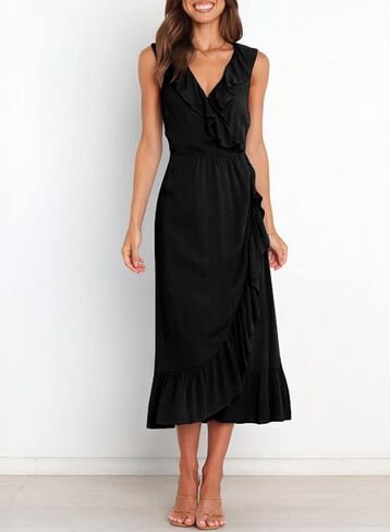 Acelitt Women's 2023 Summer Wrap Maxi Dress Casual V Neck Sleeveless Ruffle Hem Split Beach Long Dresses in Saudi Arabia