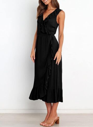 Acelitt Women's 2023 Summer Wrap Maxi Dress Casual V Neck Sleeveless Ruffle Hem Split Beach Long Dresses in Saudi Arabia