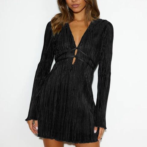 Sdencin Women Sexy Deep V-Neck Bandage Tie Waist Bodycon Short Dress Party Long Sleeve Cut Out Solid Wrap Midi Dresses(L,Black) in Kuwait