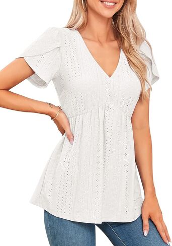 تي شيرت للنساء بأكمام بتلات ورقبة على شكل حرف V بيبي دول وبلوزة علوية فضفاضة غير رسمية in Kuwait