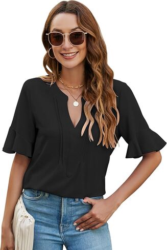 بلوزات نسائية مكشكشة بأكمام قصيرة وفضفاضة، قمصان صيفية كاجوال لطيفة ورقبة على شكل حرف V in Kuwait