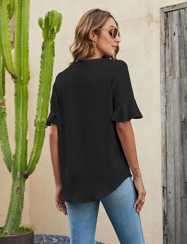 بلوزات نسائية مكشكشة بأكمام قصيرة وفضفاضة، قمصان صيفية كاجوال لطيفة ورقبة على شكل حرف V in Kuwait