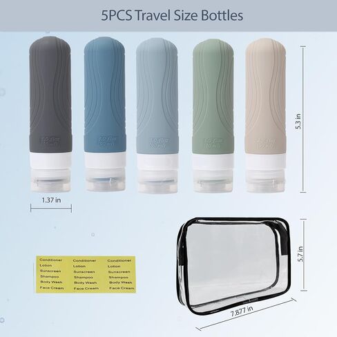Travel Bottles for Toiletries, 5 Pcs Tsa Approved Toiletry Bottles Travel Size Bottles, 3oz Silicone Travel Size Containers, Leak Proof Shampoo and Conditioner Bottles Travel Accessories in Saudi Arabia