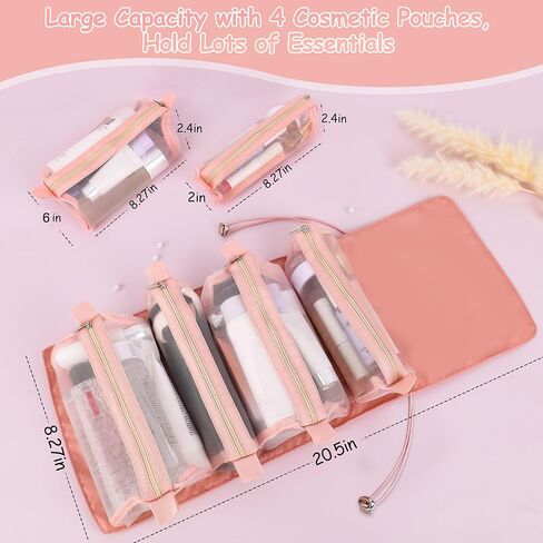حقيبة مكياج للسفر من eWonLife، حقيبة أدوات الزينة للسفر للنساء، حقيبة مستحضرات التجميل 4 في 1 محمولة بسعة كبيرة، حقيبة مكياج قابلة للفصل، منظم مكياج مقاوم للماء وجيد التهوية (وردي) in Kuwait