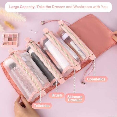 حقيبة مكياج للسفر من eWonLife، حقيبة أدوات الزينة للسفر للنساء، حقيبة مستحضرات التجميل 4 في 1 محمولة بسعة كبيرة، حقيبة مكياج قابلة للفصل، منظم مكياج مقاوم للماء وجيد التهوية (وردي) in Kuwait