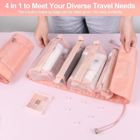 حقيبة مكياج للسفر من eWonLife، حقيبة أدوات الزينة للسفر للنساء، حقيبة مستحضرات التجميل 4 في 1 محمولة بسعة كبيرة، حقيبة مكياج قابلة للفصل، منظم مكياج مقاوم للماء وجيد التهوية (وردي) in Kuwait