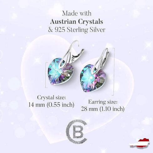 Chic Bijoux Drop and Dangle Earrings for Women - Made with 925 Sterling Silver and Austrian Crystals from our Heart Series - Gift for Mum, Pink/Black/Purple in Saudi Arabia