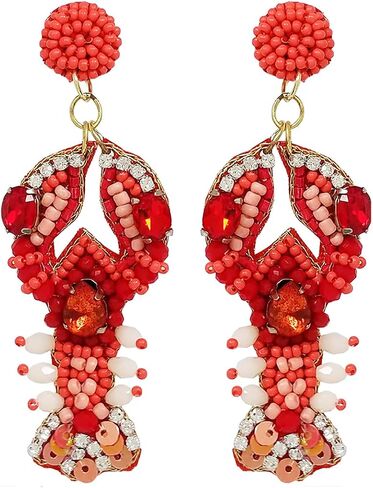 Rosemarie & Jubalee Women's Unique Decorative Mardi Gras Seed Bead Lobster Hypoallergenic Post Back Dangle Earrings, 3" in Saudi Arabia