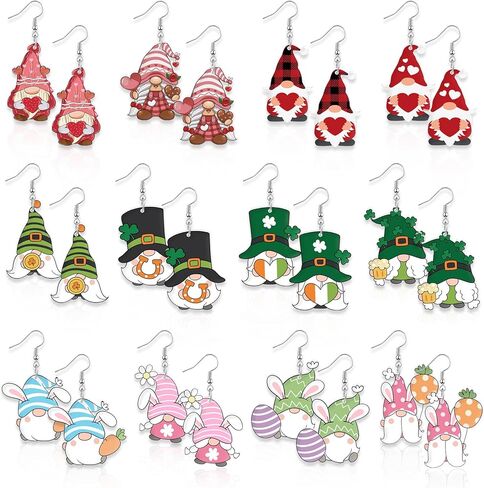 12 زوجًا من أقراط جنوم لعيد الحب للنساء عيد القديس باتريك عيد الفصح جنوم مجوهرات هدية للنساء والفتيات قلادة أكريليك قطرة متدلية طقم أقراط إكسسوارات مجوهرات in Kuwait