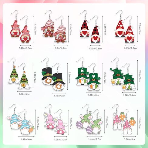 12 زوجًا من أقراط جنوم لعيد الحب للنساء عيد القديس باتريك عيد الفصح جنوم مجوهرات هدية للنساء والفتيات قلادة أكريليك قطرة متدلية طقم أقراط إكسسوارات مجوهرات in Kuwait