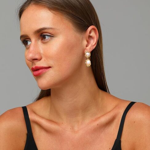 XYJZXY 18K Gold Pearl Drop Earrings for Women Freshwater Pearl Dangle Earrings Chunky Gold Hoop Earrings Gifts for Her in Saudi Arabia