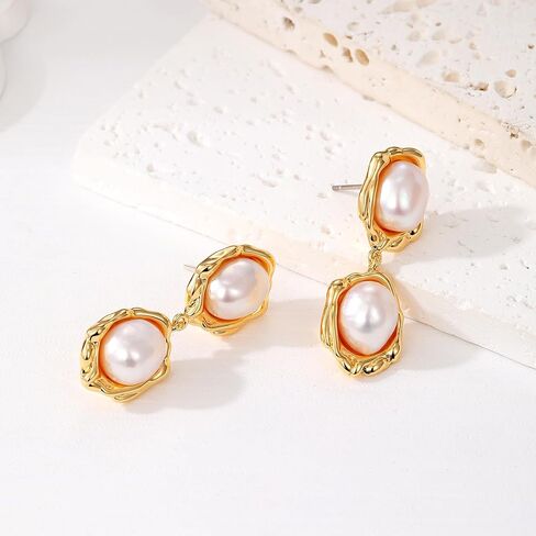XYJZXY 18K Gold Pearl Drop Earrings for Women Freshwater Pearl Dangle Earrings Chunky Gold Hoop Earrings Gifts for Her in Saudi Arabia