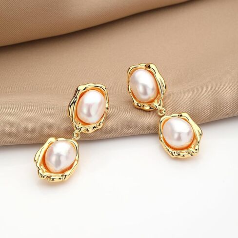 XYJZXY 18K Gold Pearl Drop Earrings for Women Freshwater Pearl Dangle Earrings Chunky Gold Hoop Earrings Gifts for Her in Saudi Arabia