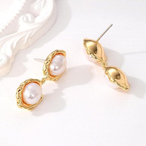 XYJZXY 18K Gold Pearl Drop Earrings for Women Freshwater Pearl Dangle Earrings Chunky Gold Hoop Earrings Gifts for Her in Saudi Arabia