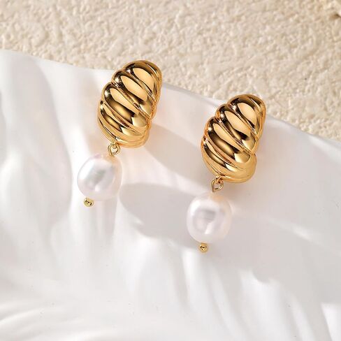 XYJZXY 18K Gold Pearl Drop Earrings for Women Freshwater Pearl Dangle Earrings Chunky Gold Hoop Earrings Gifts for Her in Saudi Arabia
