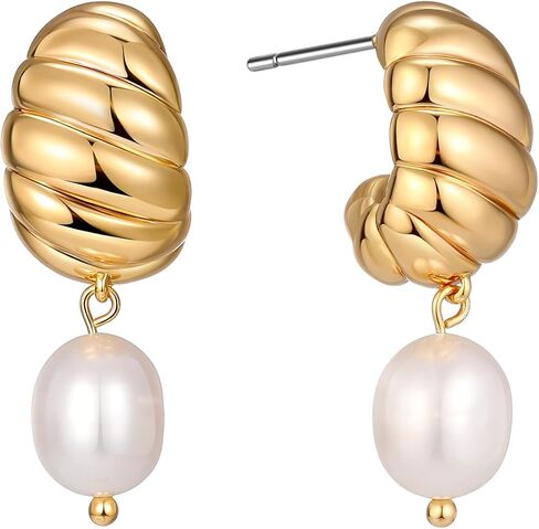 XYJZXY 18K Gold Pearl Drop Earrings for Women Freshwater Pearl Dangle Earrings Chunky Gold Hoop Earrings Gifts for Her in Saudi Arabia
