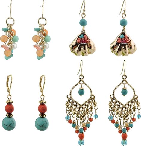 مجموعة أقراط COIRIS مكونة من 4 أزواج للنساء من أقراط متدلية بشراشيب أخضر زيتوني/أقراط مطرزة بالخرز in Kuwait